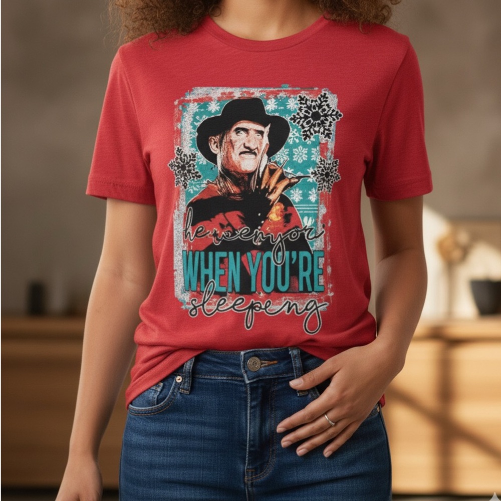 Freddy Krueger Christmas‎ Tee | He Sees You When You’re Sleeping | Unisex Red